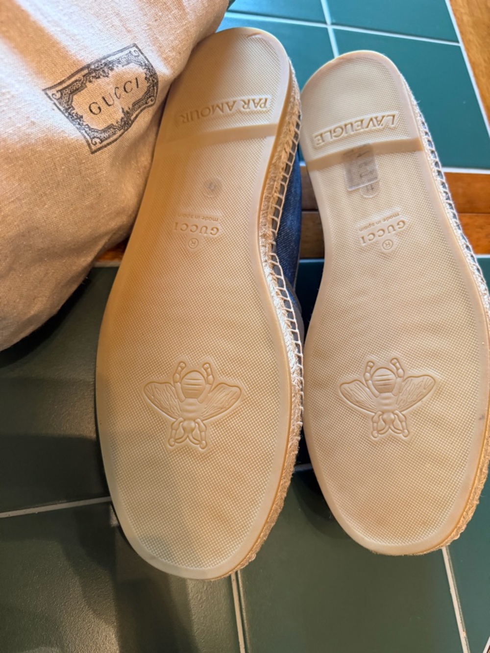 GUCCI Blue Denim Espadrille Slip-Ons with Gray Leather Trim - Picture 7 of 12